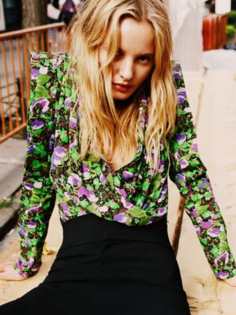 Zara Green and Purple Floral Long-Sleeve Bodysuit